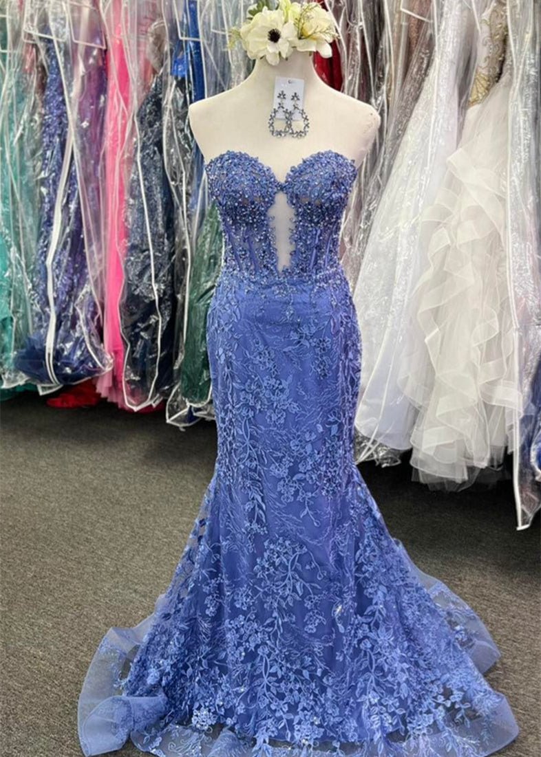 Black Sweetheart Lace Appliques Mermaid Long Prom Dress