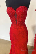 Black Sweetheart Lace Appliques Mermaid Long Prom Dresses