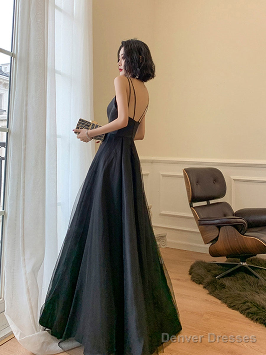 Black Sweetheart Neck Long Prom Dress, Backless Tulle Black Party Dress