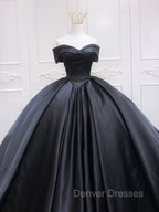 Black Sweetheart Neck Satin Long Prom Gown, Black Sweet 16 Dress