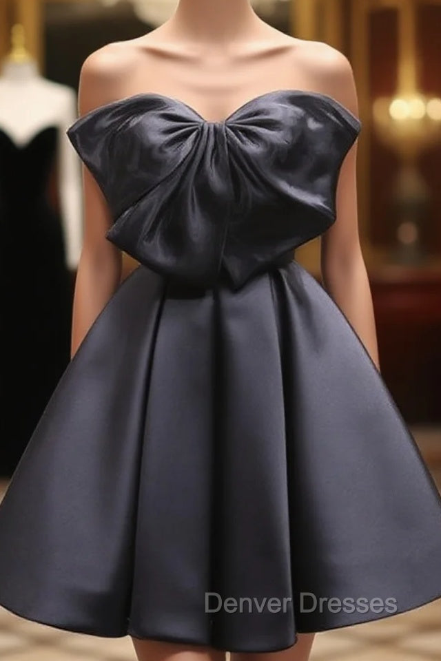 Black Sweetheart Neck Satin Short Prom Dress, Black Homecoming Dress Main image