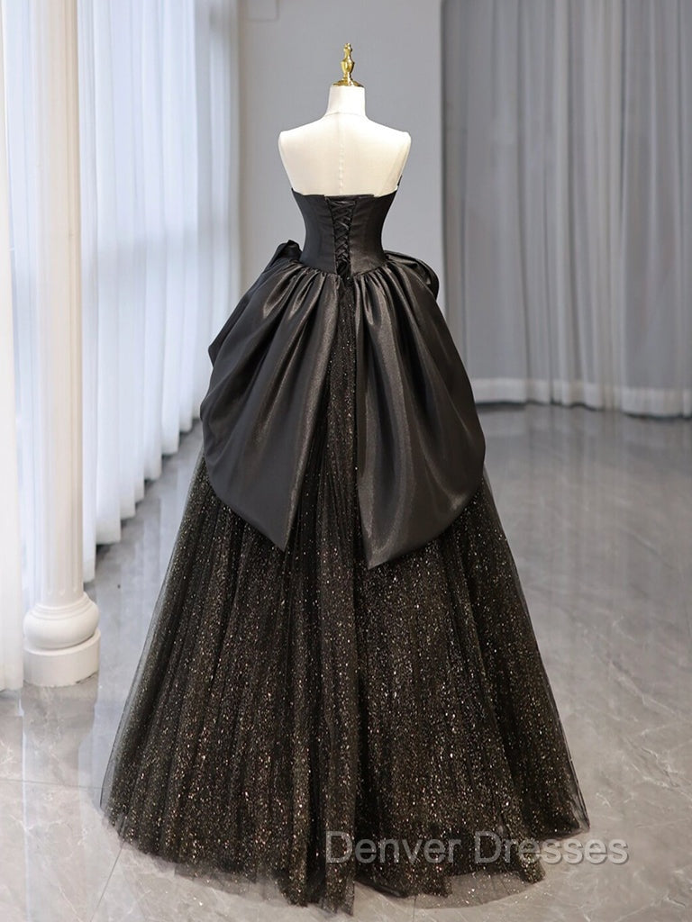 Black Sweetheart Neck Satin Tulle Long Prom Dress, Black Long Formal Dress Secondary image