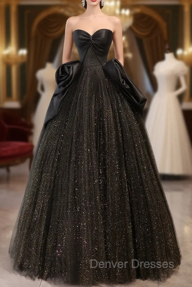 Black Sweetheart Neck Satin Tulle Long Prom Dress, Black Long Formal Dress Main image