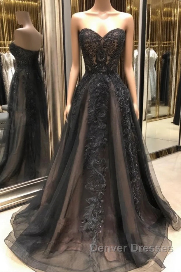 Black sweetheart neck tulle lace long prom Dress, black evening Dress Main image