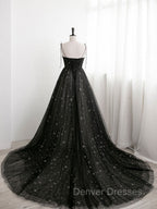 Black Sweetheart Neck Tulle Long Prom Dress A Line Black Evening Dress