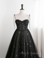 Black Sweetheart Neck Tulle Long Prom Dress A Line Black Evening Dress