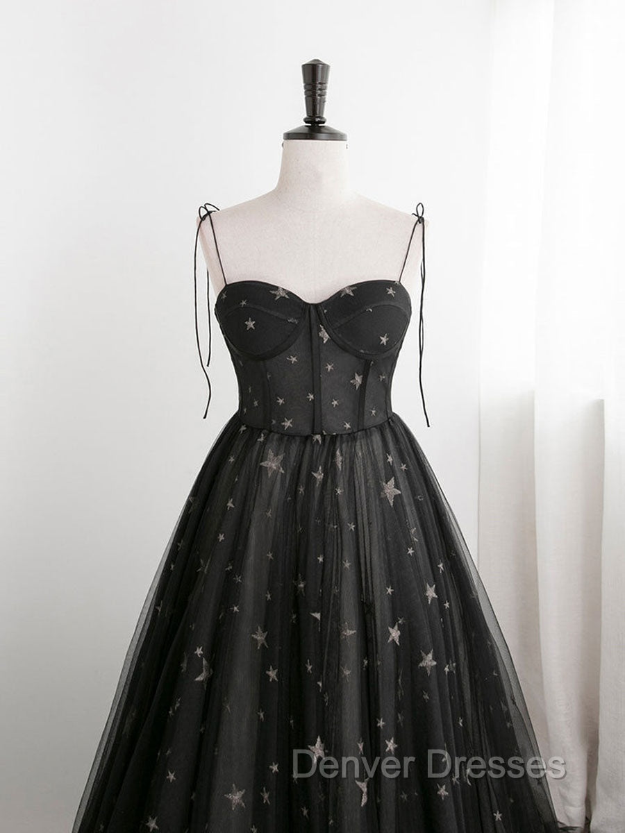 Black Sweetheart Neck Tulle Long Prom Dress A Line Black Evening Dress
