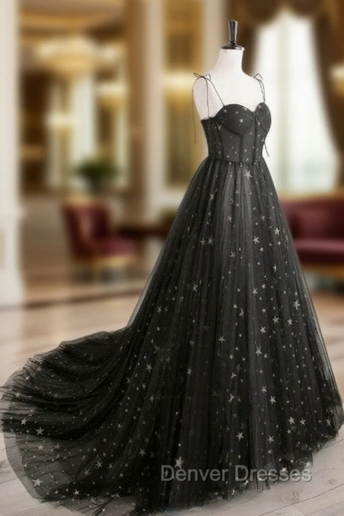 Black Sweetheart Neck Tulle Long Prom Dress A Line Black Evening Dress Main image