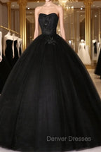 Black Sweetheart Neck Tulle Long Prom Dress Black Evening Dress