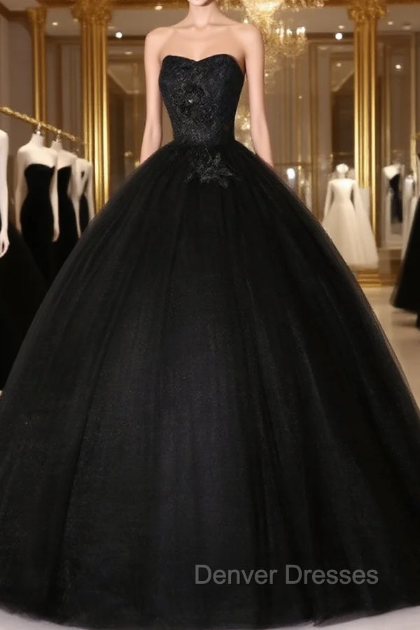 Black Sweetheart Neck Tulle Long Prom Dress Black Evening Dress