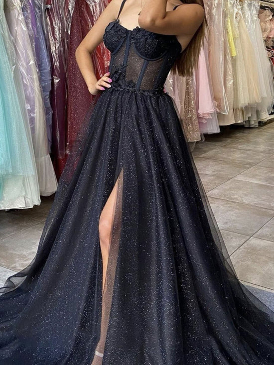 Black Sweetheart Neck Tulle Long Prom Dress, Black Tulle Evening Dress Secondary image