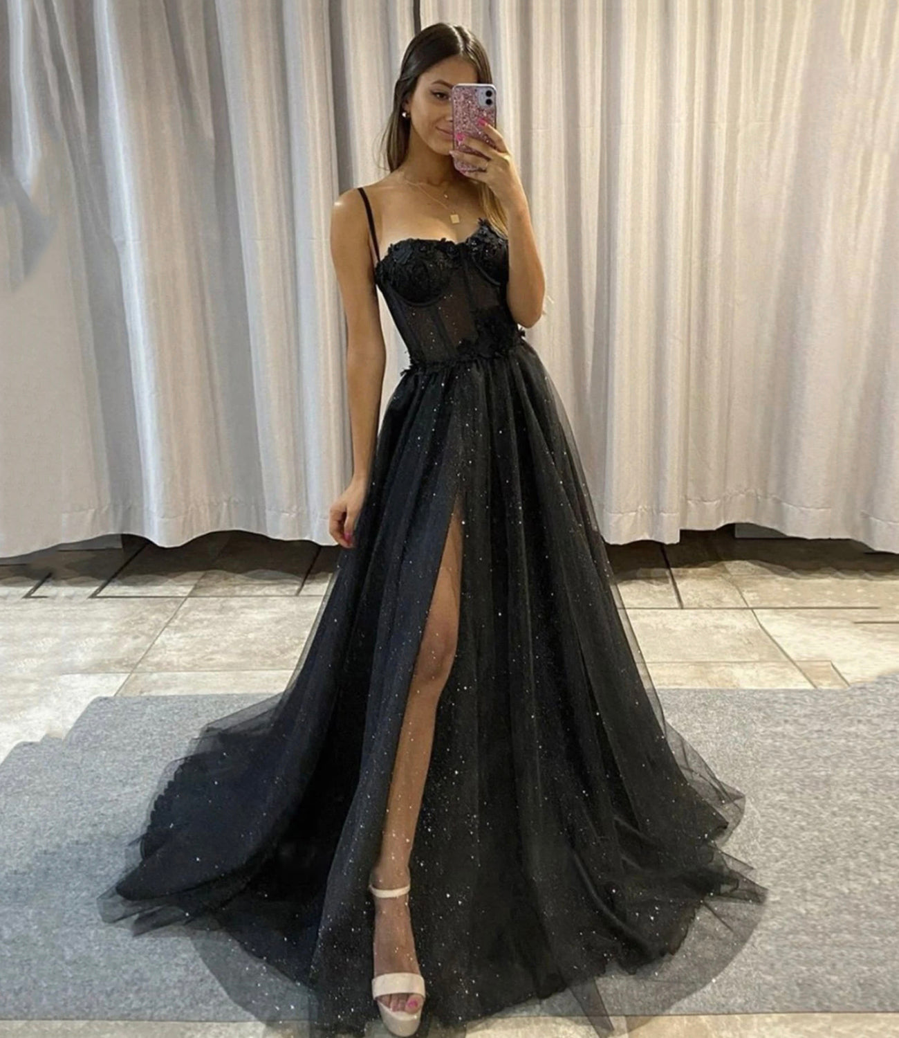 Black Sweetheart Neck Tulle Long Prom Dress,Black Tulle Evening Dress,Sparkle Sweetheart Prom Evening Gown