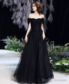 Black Sweetheart Off Shoulder Long Prom Dress, Black Tulle Evening Dress
