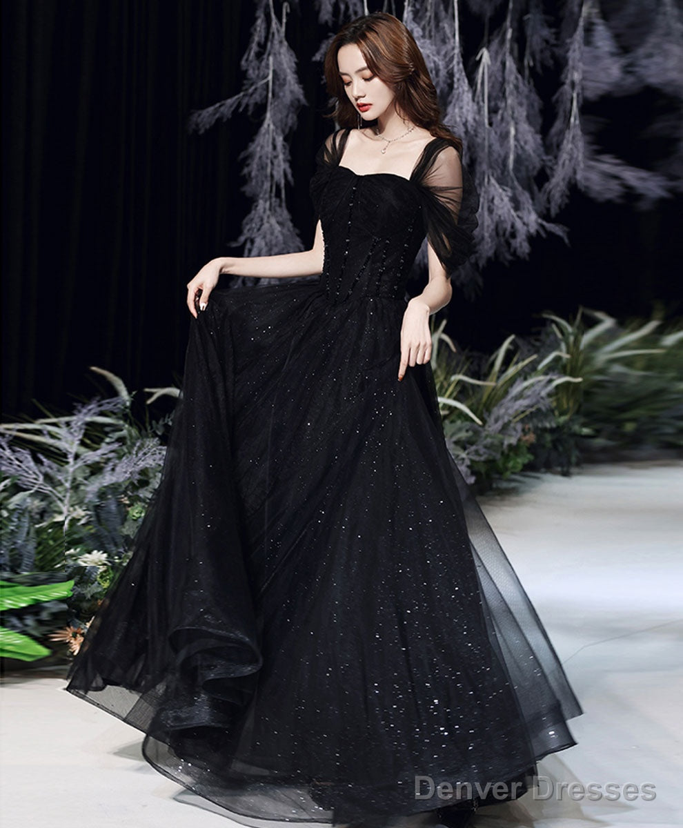 Black Sweetheart Off Shoulder Long Prom Dress, Black Tulle Evening Dress Main image