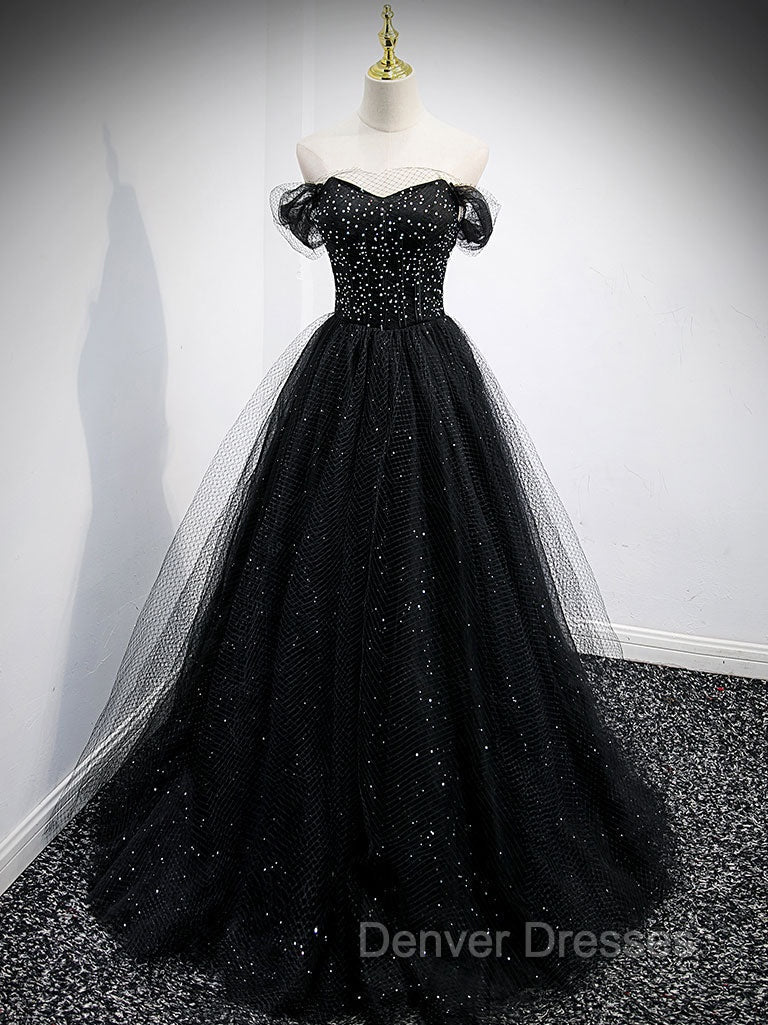 Black Sweetheart Off Shoulder Tulle Long Prom Dress, Black Evening Dress Secondary image
