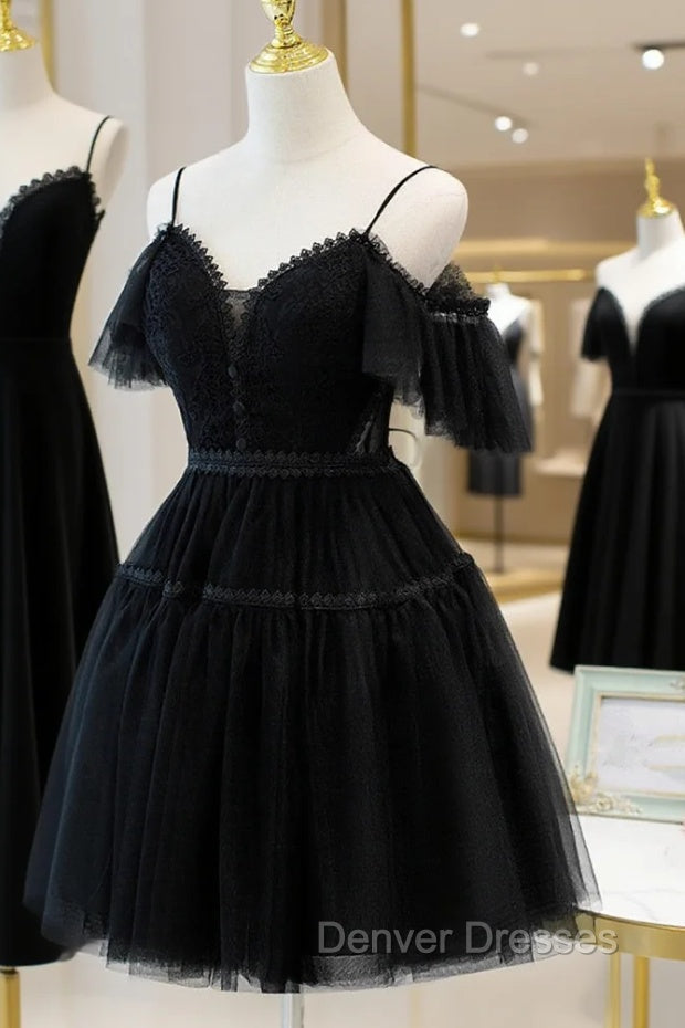 Black Sweetheart Straps Tulle Homecoming Dress, Black Off Shoulder Prom Dress Secondary image