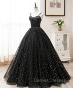 Black Sweetheart Straps Tulle Long Evening Gown, Sleeveless Floor-Length Prom Dress