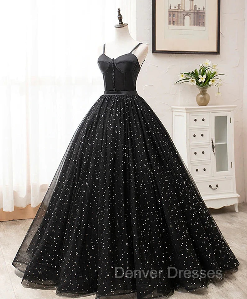 Black Sweetheart Straps Tulle Long Evening Gown, Sleeveless Floor-Length Prom Dress Secondary image