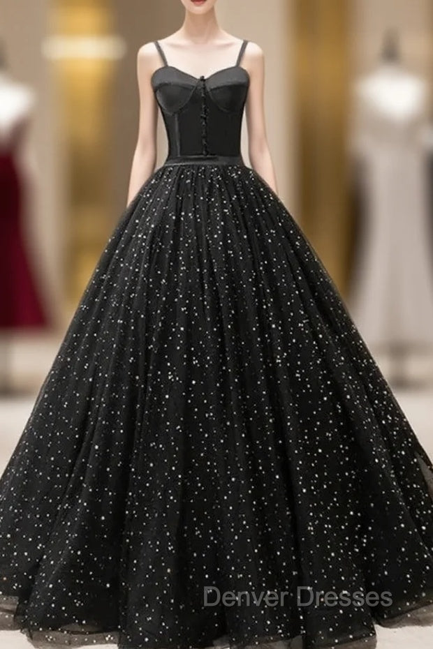 Black Sweetheart Straps Tulle Long Evening Gown Sleeveless Floor-Length Prom Dress prom Dress shops