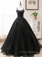 Black Sweetheart Straps Tulle Long Evening Gown, Sleeveless Floor-Length Prom Dress