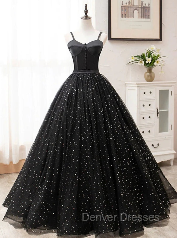 Black Sweetheart Straps Tulle Long Evening Gown, Sleeveless Floor-Length Prom Dress