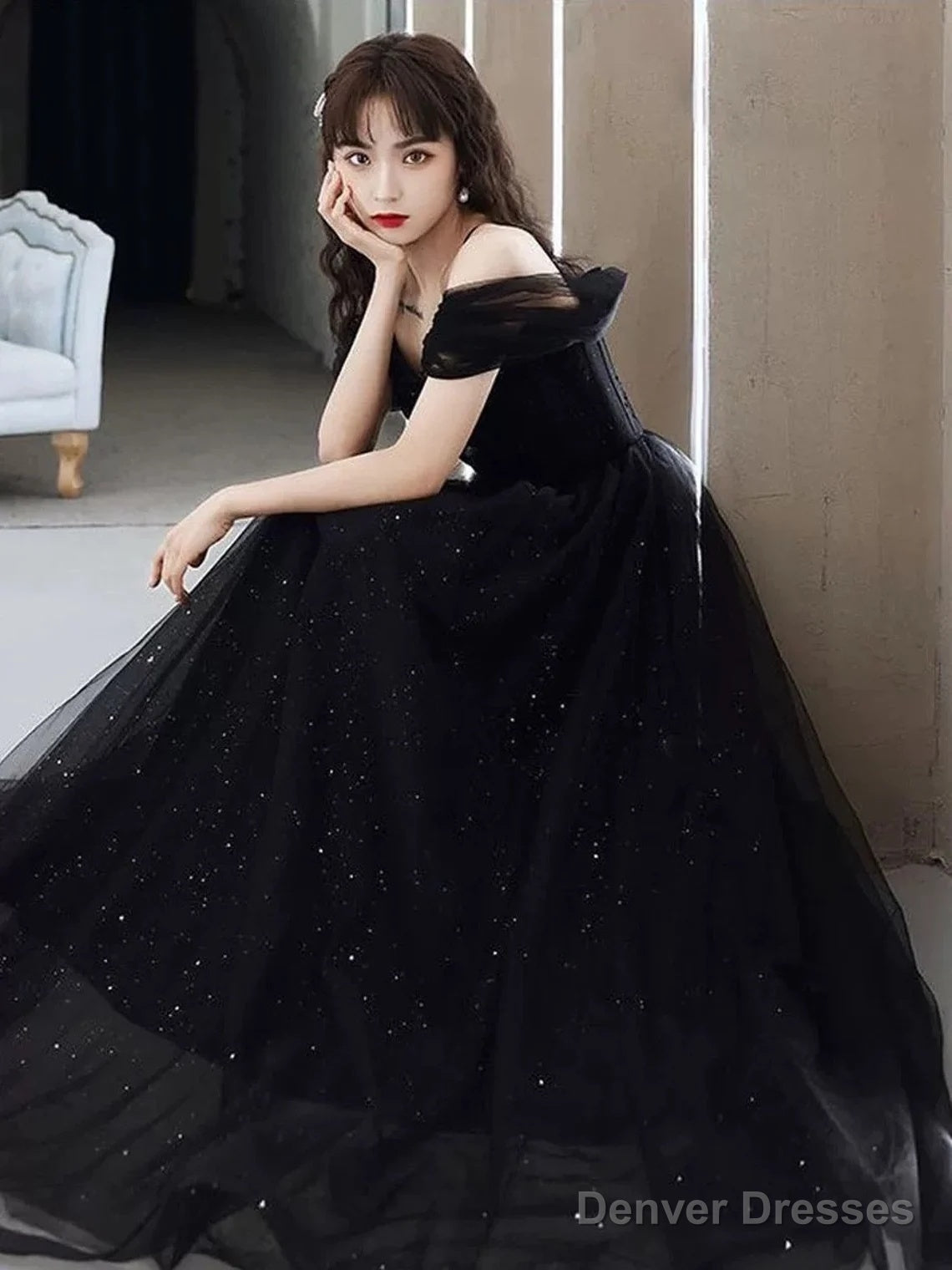 Black Sweetheart Tulle Off Shoulder A-Line Prom Dress, Straps Shiny Black Evening Dress Secondary image