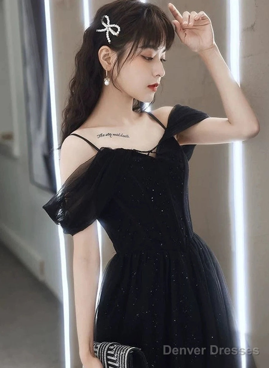 Black Sweetheart Tulle Off Shoulder A-Line Prom Dress, Straps Shiny Black Evening Dress Main image