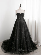 Black Sweetheart Tulle Straps Long Formal Dress, Black Evening Party Dress