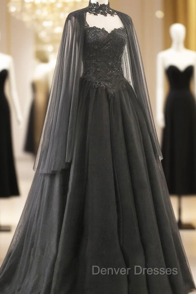 Black Sweetheart Tulle with Lace Long Sweet 16 Dress, Black Formal Dress with Cape Main image