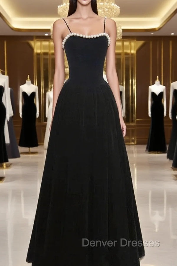 Black Tea Legnth Straps A-line Wedding Party Dress, Black Bridesmaid Dress Main image