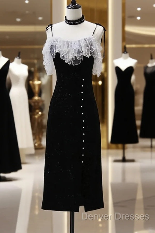 Black Tea Length Straps Beaded Formal Dress, Black Party Dress Evening Dress