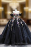 Black Tulle 3D Flower Off the Shoulder Prom Dress
