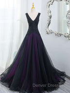 Black Tulle A-Line V-Neck Purple Satin Lace Applique Long Prom Dress With Beadings