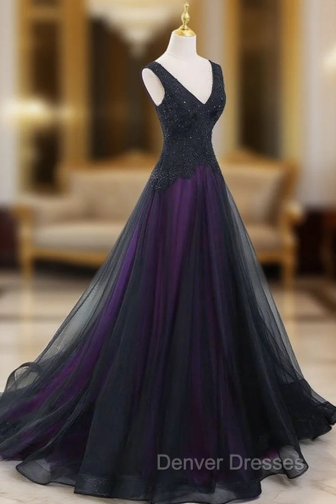 Black Tulle A-Line V-Neck Purple Satin Lace Applique Long Prom Dress With Beadings Main image