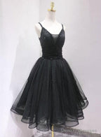 Black Tulle And Beaded Knee Length Straps Homecoming Dress, Black Short Prom Dresses