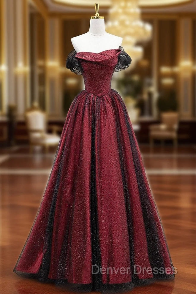 Black Tulle And Burgundy Satin Long Prom Dress, Charming A-Line Party Dress Main image
