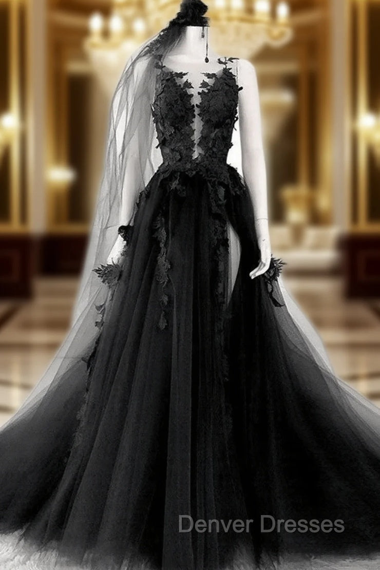 Black Tulle and Lace Long Prom Dress Long Black Floral Formal Evening Dress prom Dress shops Main image