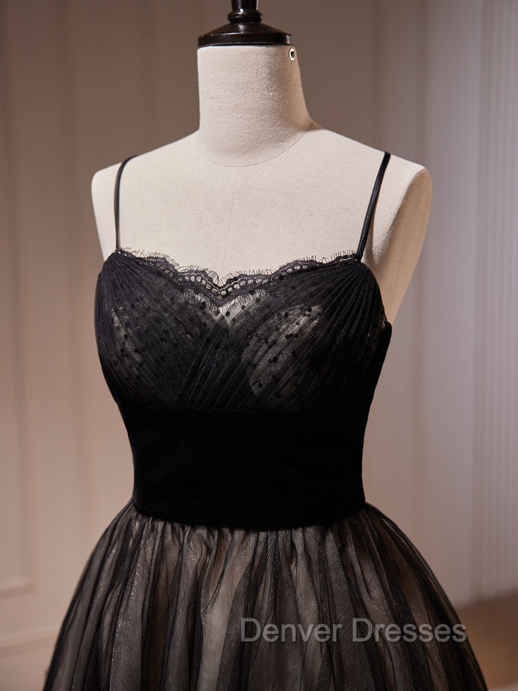 Black Tulle and Lace Straps Short Party Dress, Black Homecoming Dress