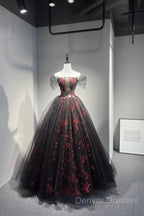 Black Tulle And Red Sequins Floor Length Prom Dress, Off The Shoulder Evening Party Dress