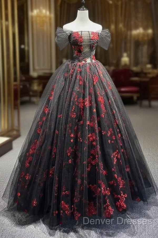 Black Tulle And Red Sequins Floor Length Prom Dress, Off The Shoulder Evening Party Dress Main image