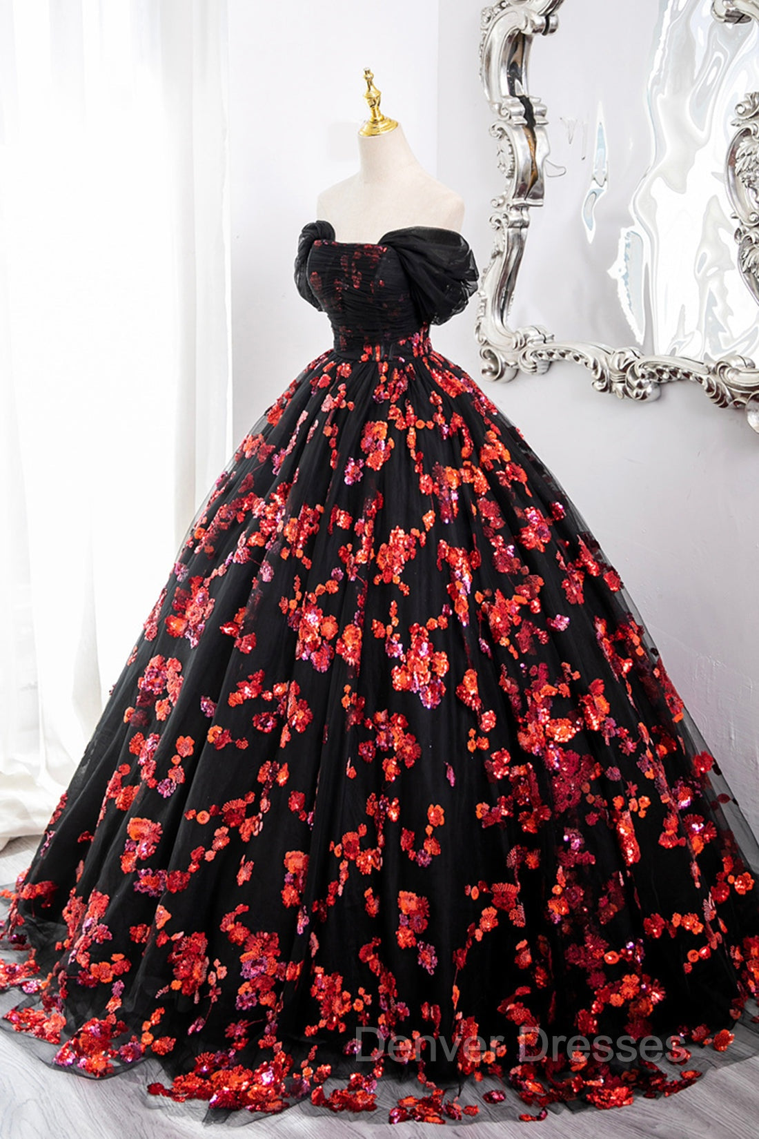 Black Tulle And Red Sequins Long Formal Dress, Off The Shoulder Evening Dress