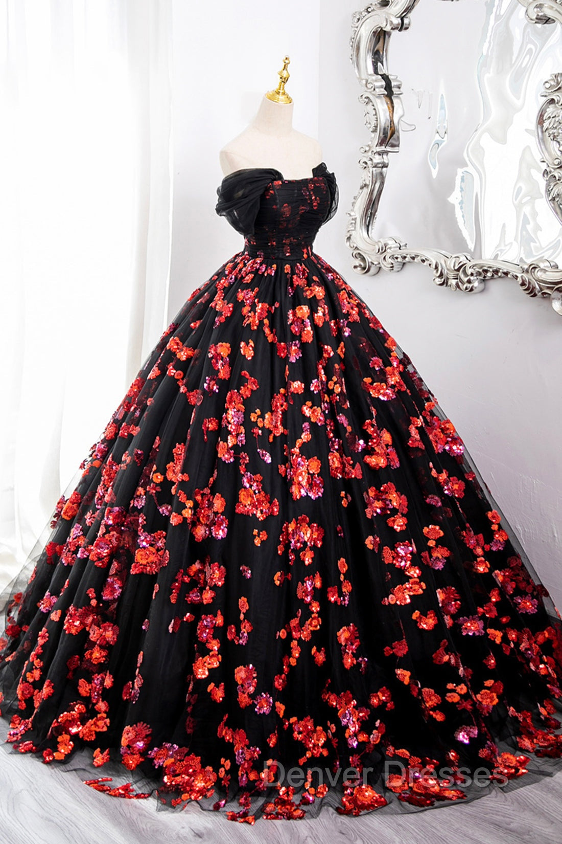 Black Tulle And Red Sequins Long Formal Dress, Off The Shoulder Evening Dress