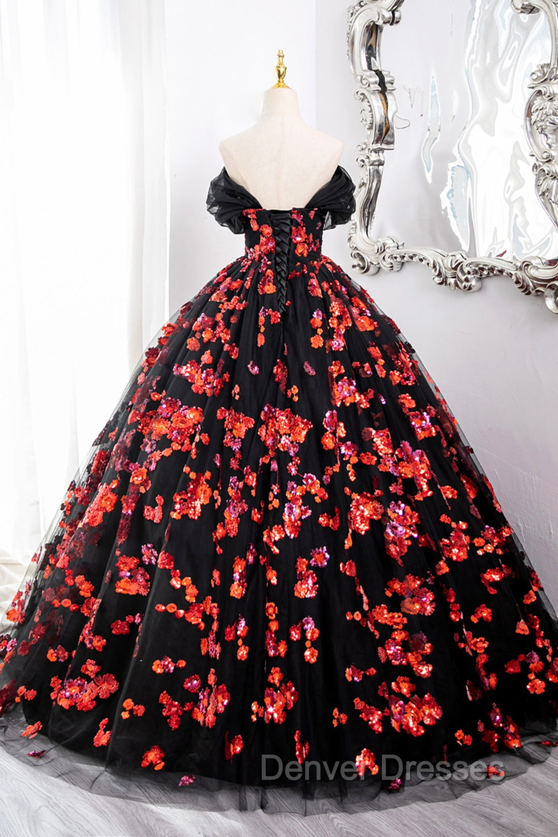 Black Tulle And Red Sequins Long Formal Dress, Off The Shoulder Evening Dress