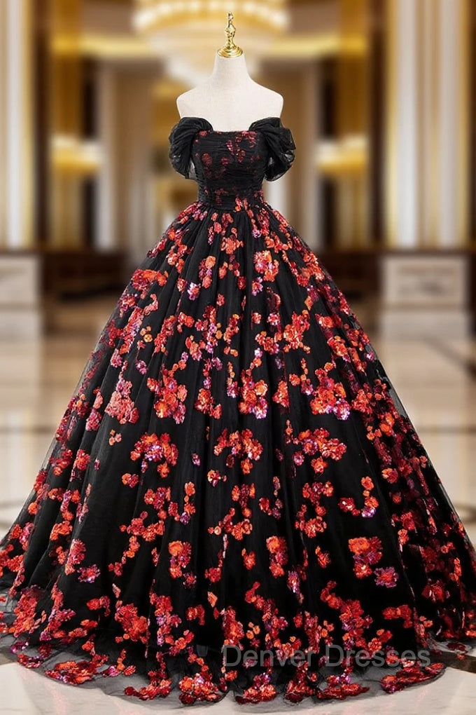 Black Tulle And Red Sequins Long Formal Dress, Off The Shoulder Evening Dress Main image