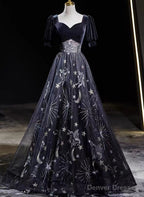 Black Tulle And Velvet A-Line Long Party Dress, Black Long Prom Dress