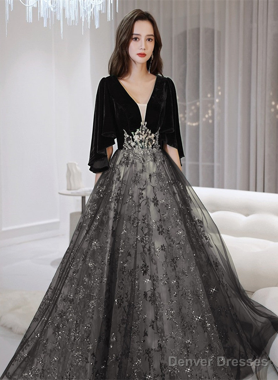 Black Tulle And Velvet Chic Long A-Line Prom Dress, Black Formal Dress Main image