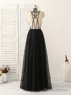 Black Tulle Backless Long Prom Dress, Black Evening Dress
