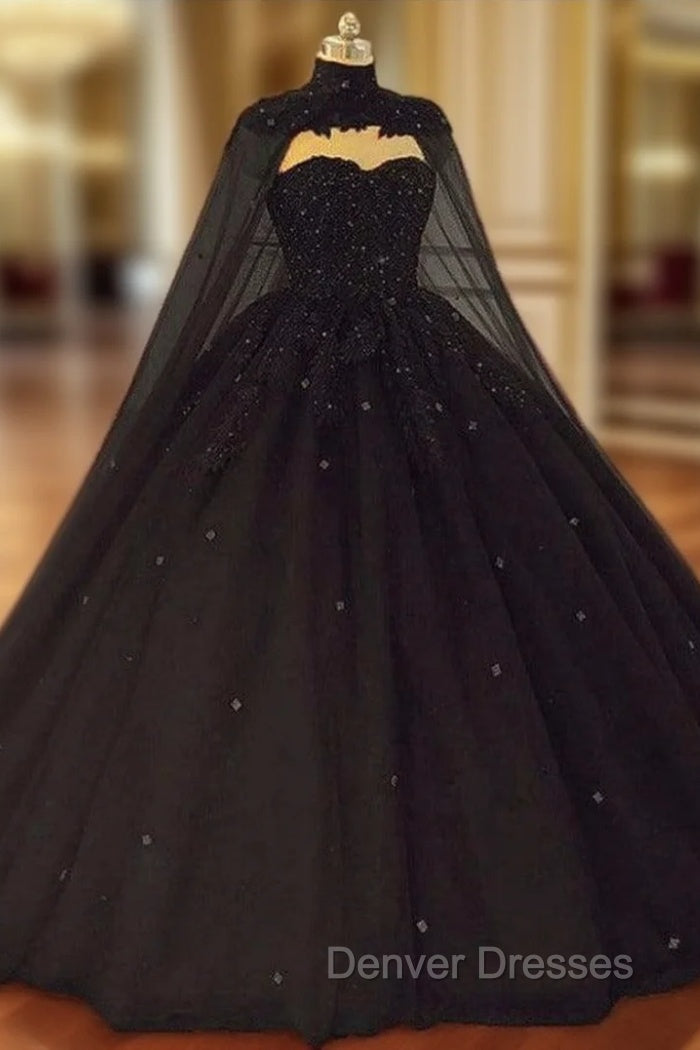 Black Tulle Ball Gown Wedding Party Dress with Cap, Black Lace Formal Gown