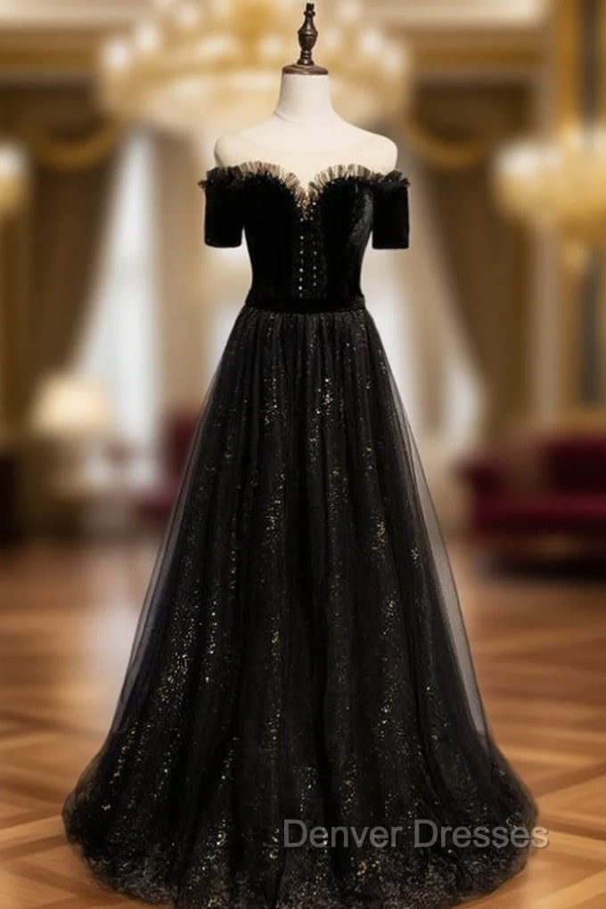 Black Tulle Bateau Short Sleeve Beading Prom Dress Main image