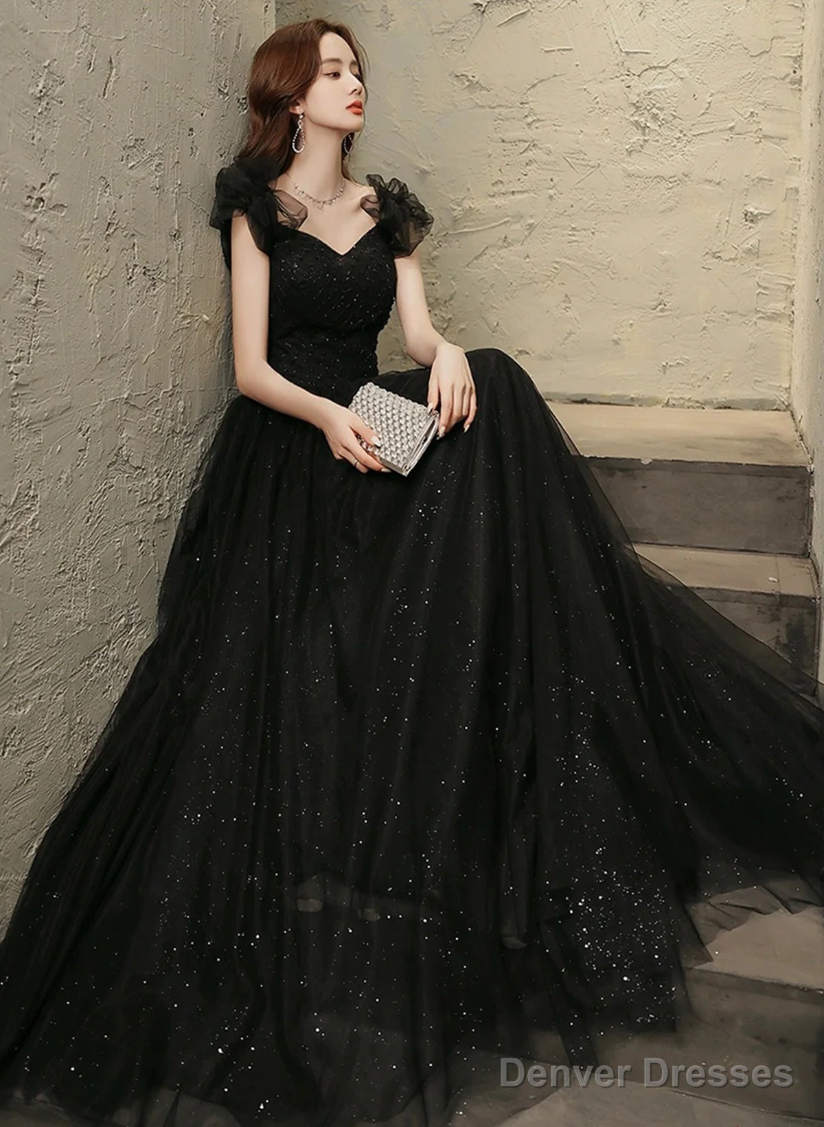Black Tulle Beaded A-Line Long Prom Dress, Short Sleeves  Party Dress Secondary image
